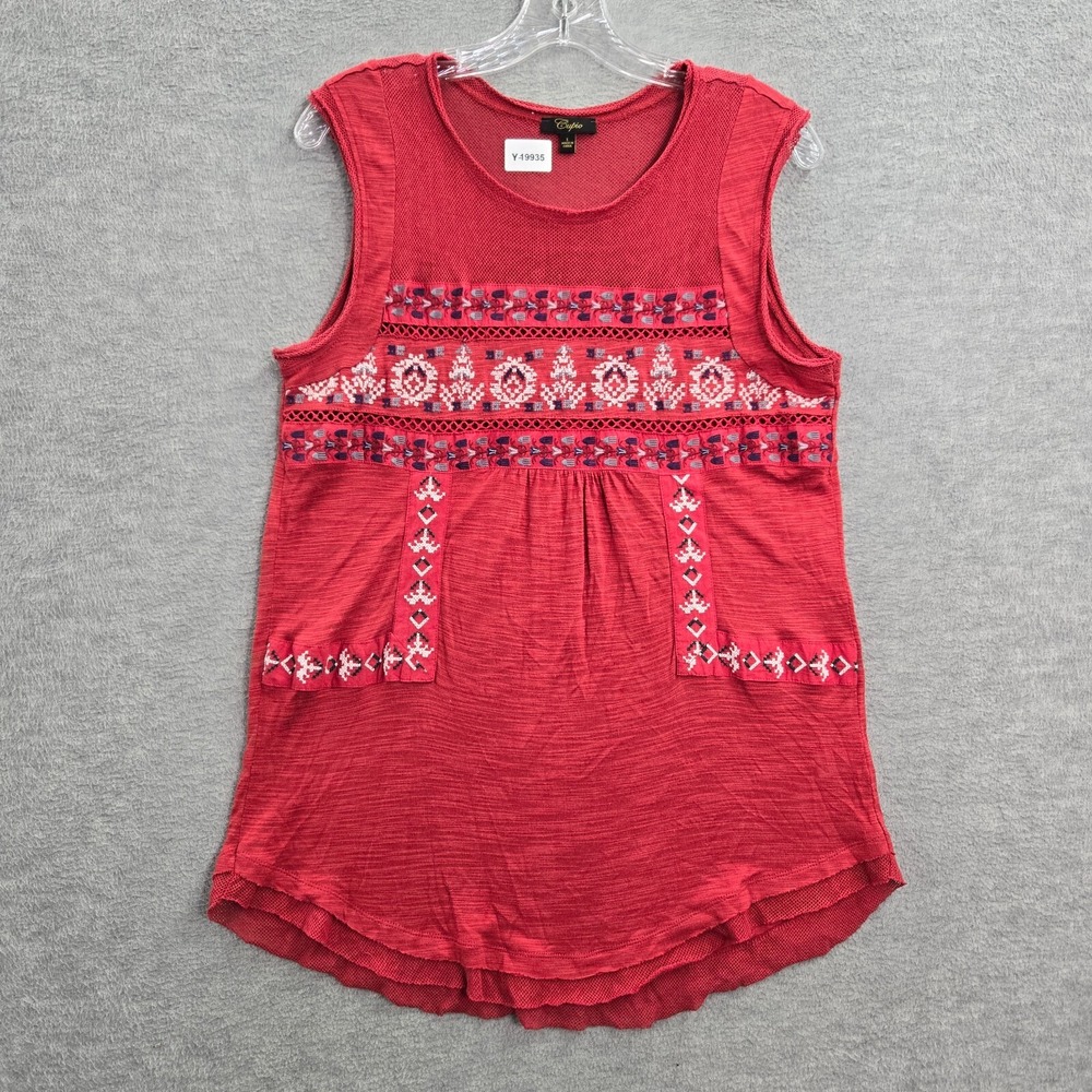 Cupio Women Top Large‎ Red Embroidered Boho Sleeveless Tank Mesh Casual